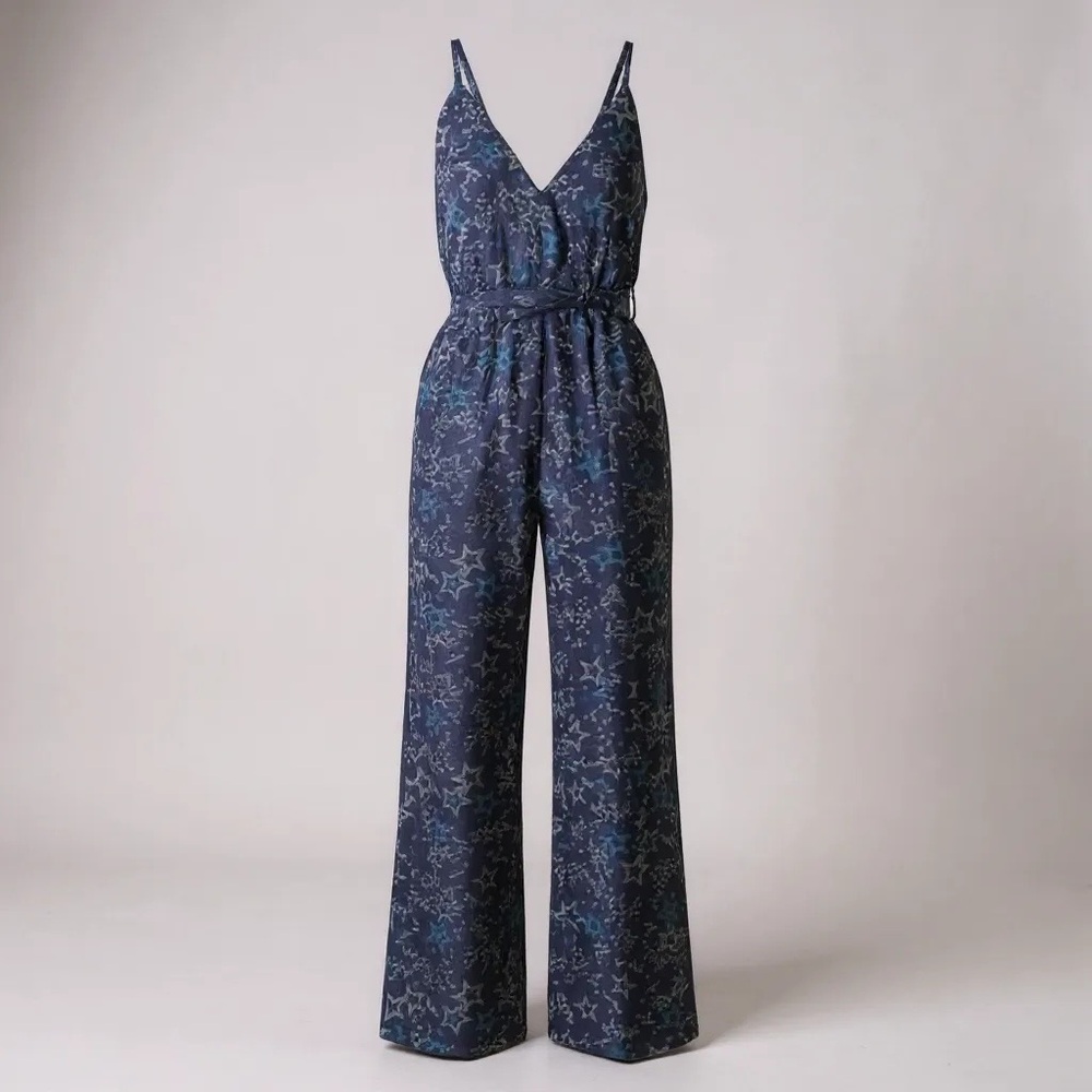 Paloma Blue Silk Wide Leg Jumpsuit Navy Star Print Size 2 NWOT